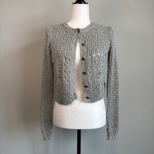 Roxy Open Knit Cardigan Button Front Cottagecore Soft Girl Gray Women's Small